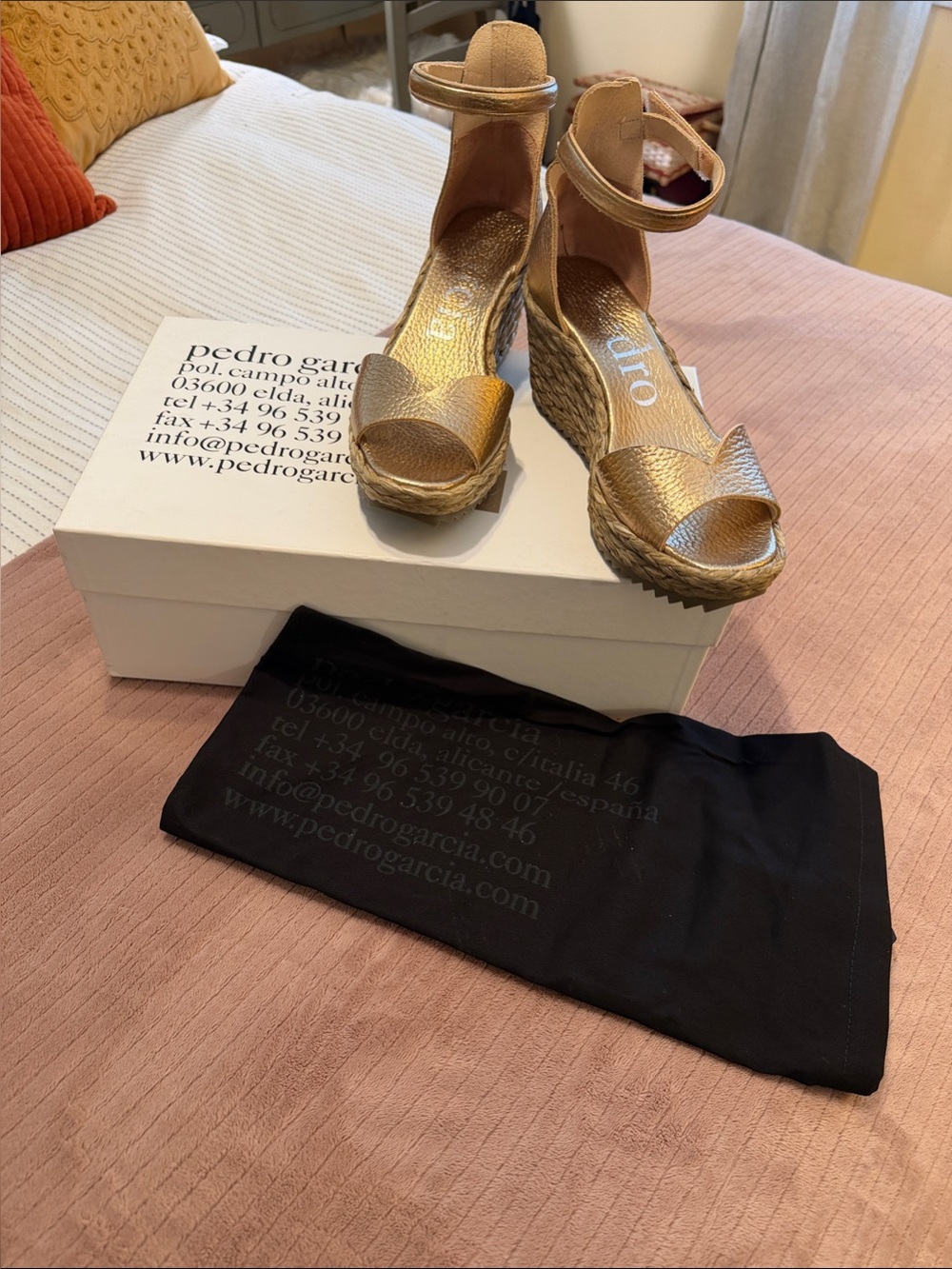 Pedro Garcia Metallic Gold Espadrille Wedge Sandals with Ankle Strap